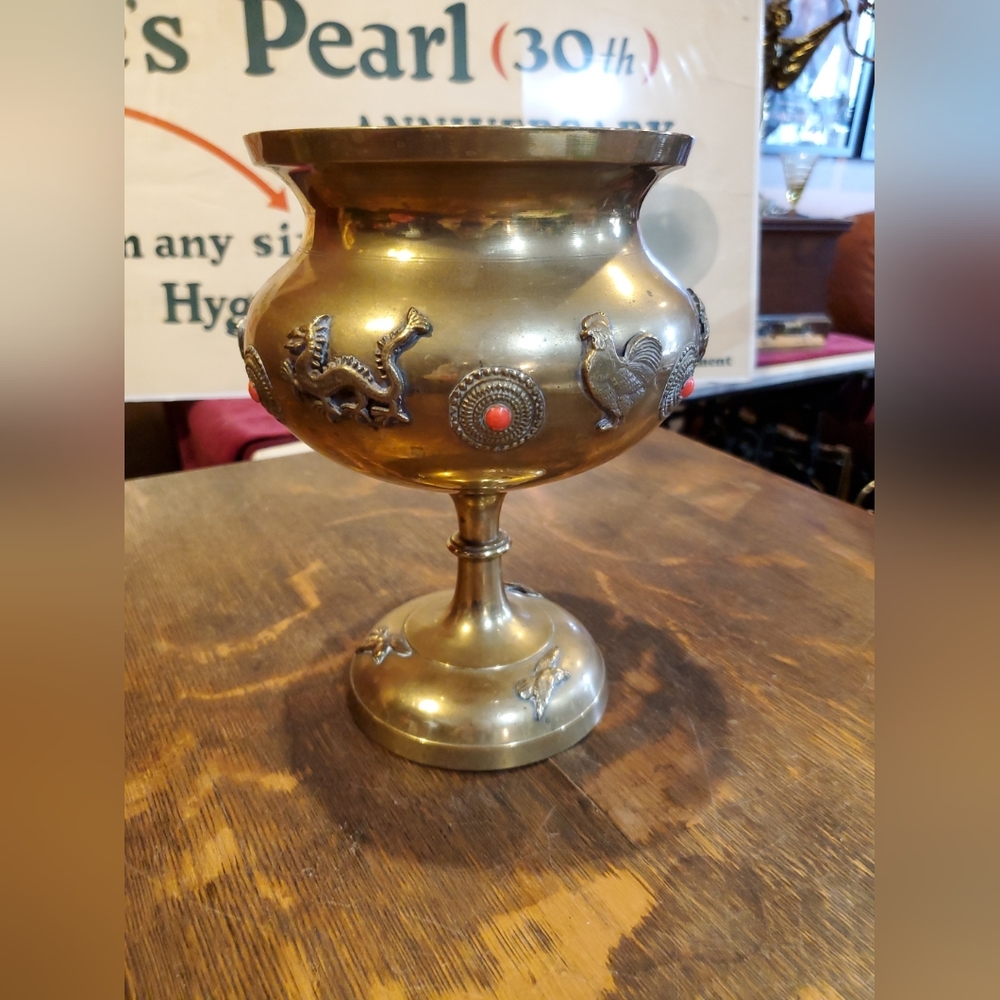 BRASS URN 20th CENTURY ROOSTER DRAGON MEDALLION  large CHINESE NEW YEAR